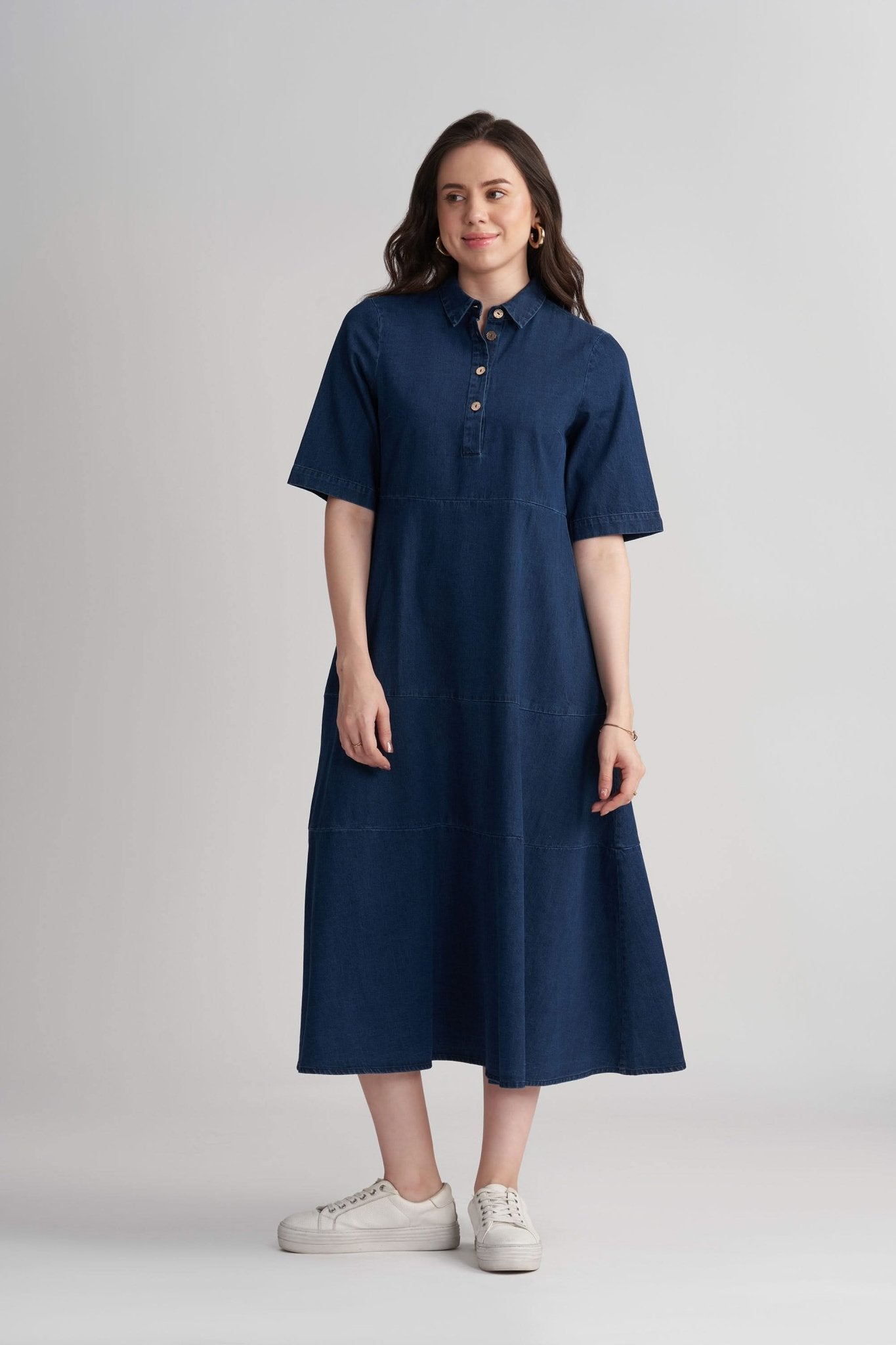 CALLIN A-LINE MAXI PANELLED DENIM DRESS - Sunday Story