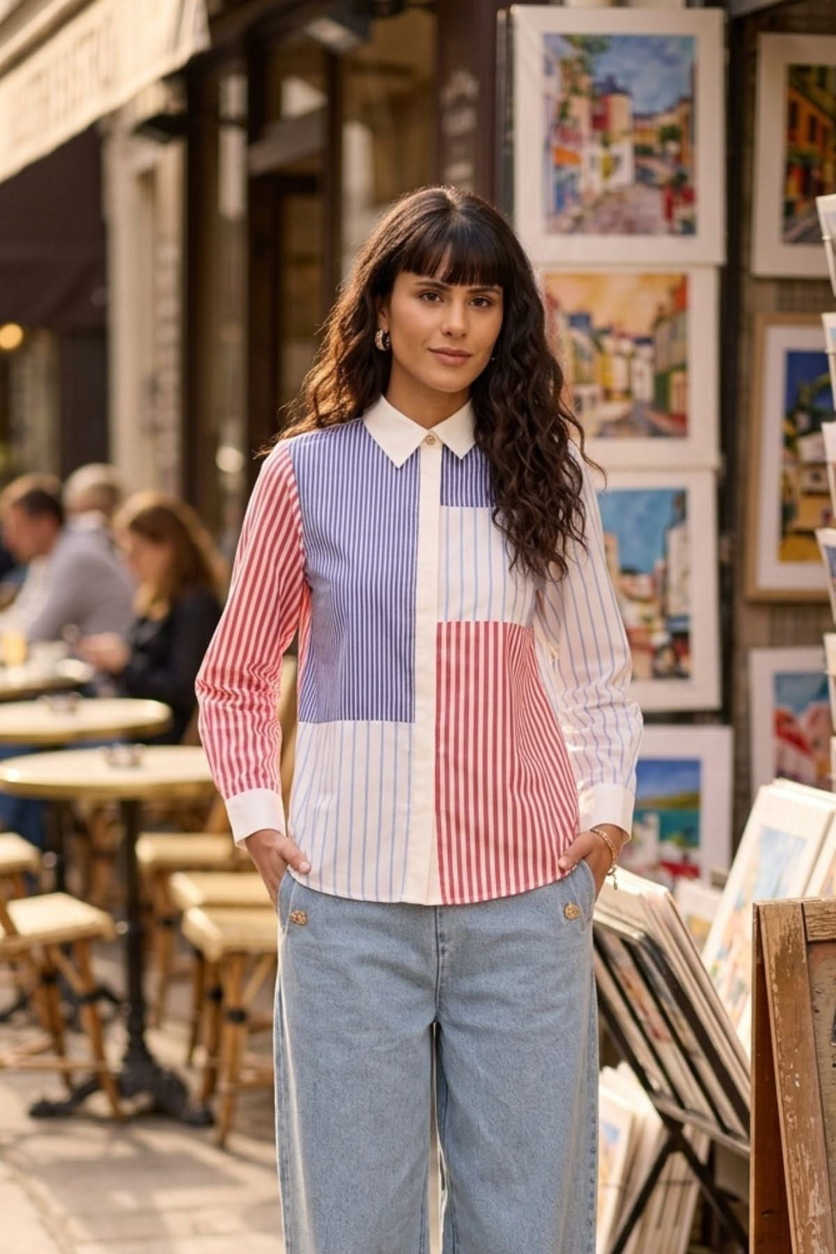 CARLA STRIPE COLOR BLOCK SHIRT WITH JEWEL BUTTONS - Sunday Story