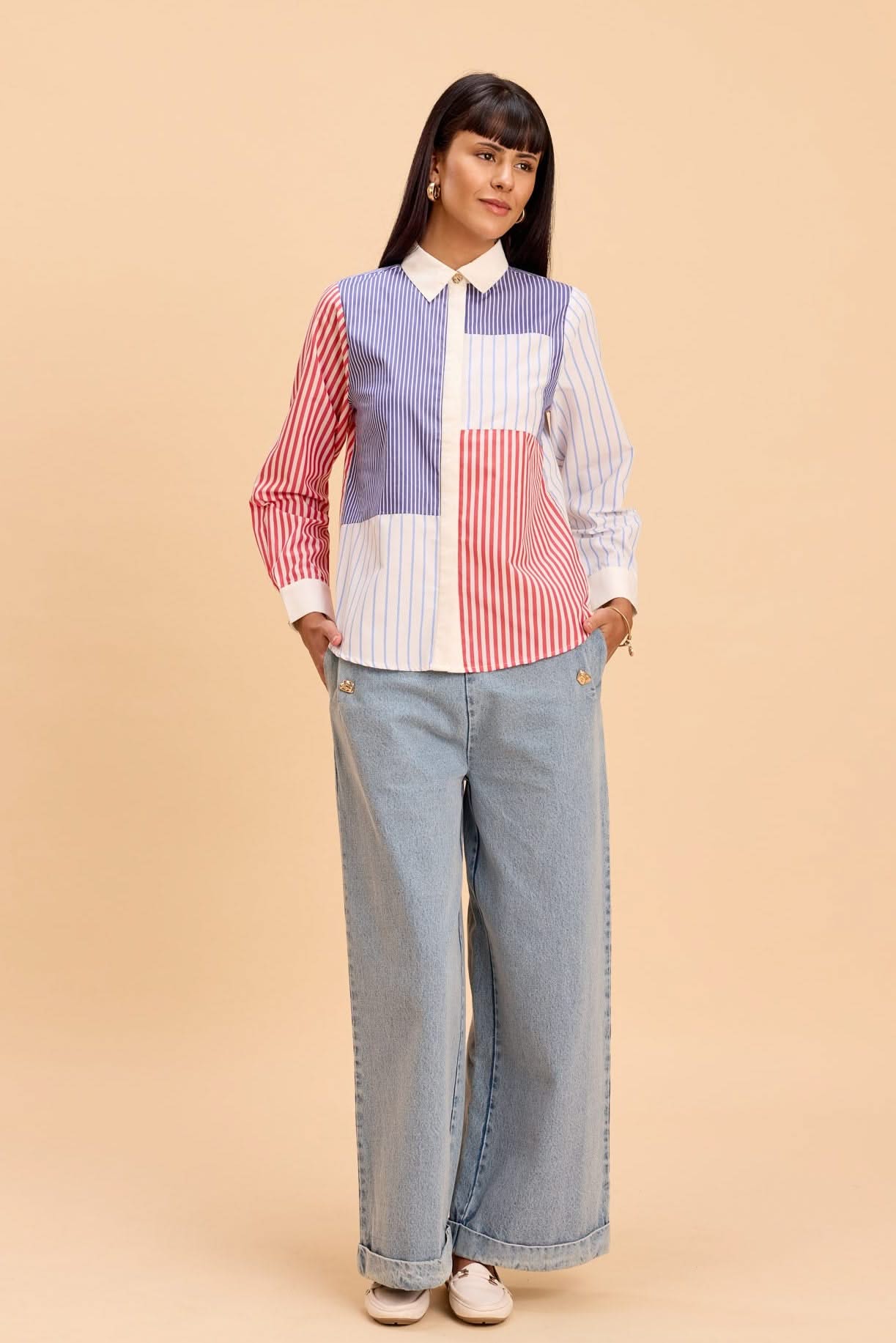 CARLA STRIPE COLOR BLOCK SHIRT WITH JEWEL BUTTONS - Sunday Story