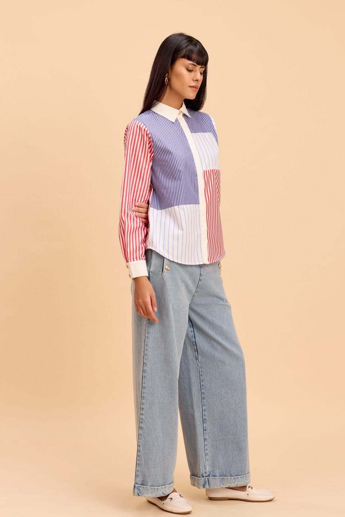 CARLA STRIPE COLOR BLOCK SHIRT WITH JEWEL BUTTONS - Sunday Story