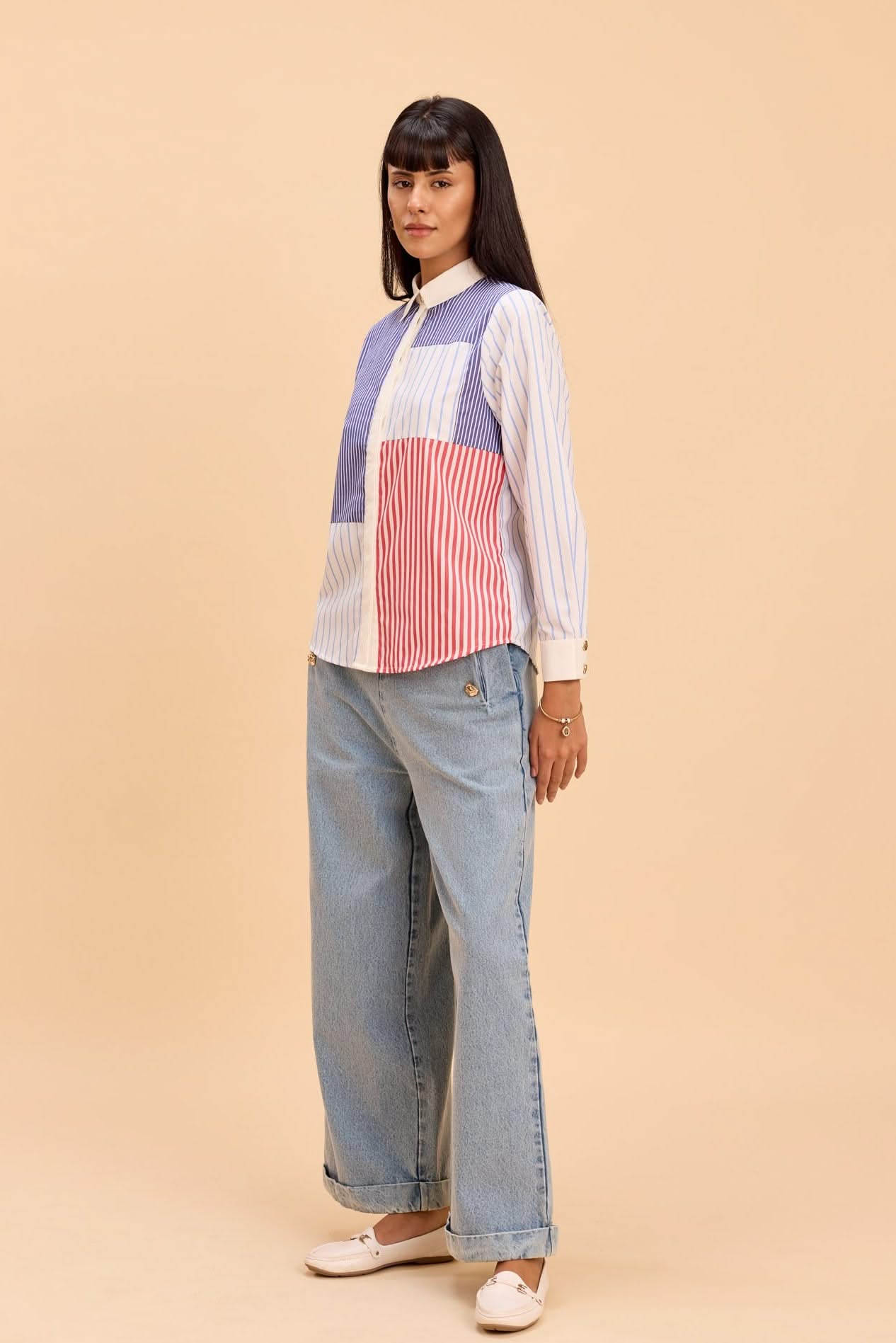 CARLA STRIPE COLOR BLOCK SHIRT WITH JEWEL BUTTONS - Sunday Story
