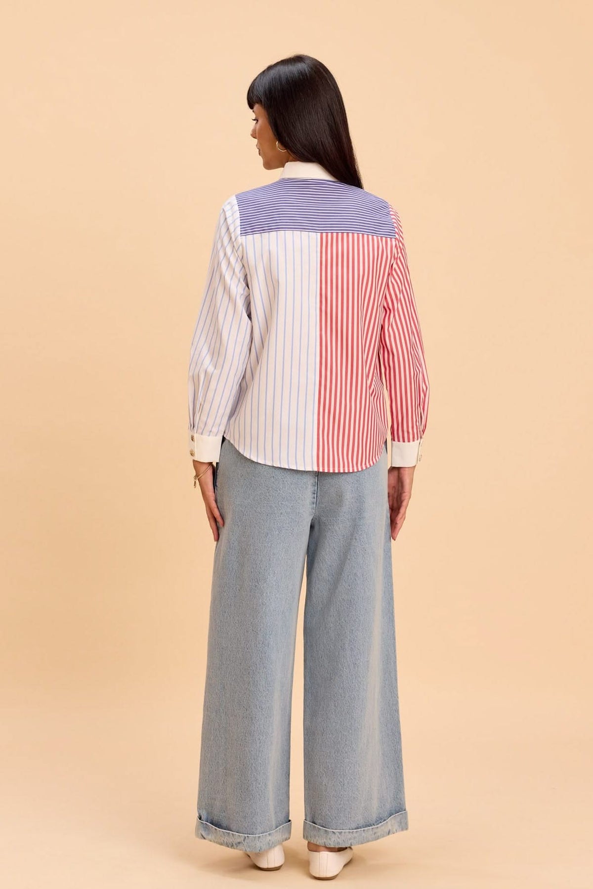 CARLA STRIPE COLOR BLOCK SHIRT WITH JEWEL BUTTONS - Sunday Story