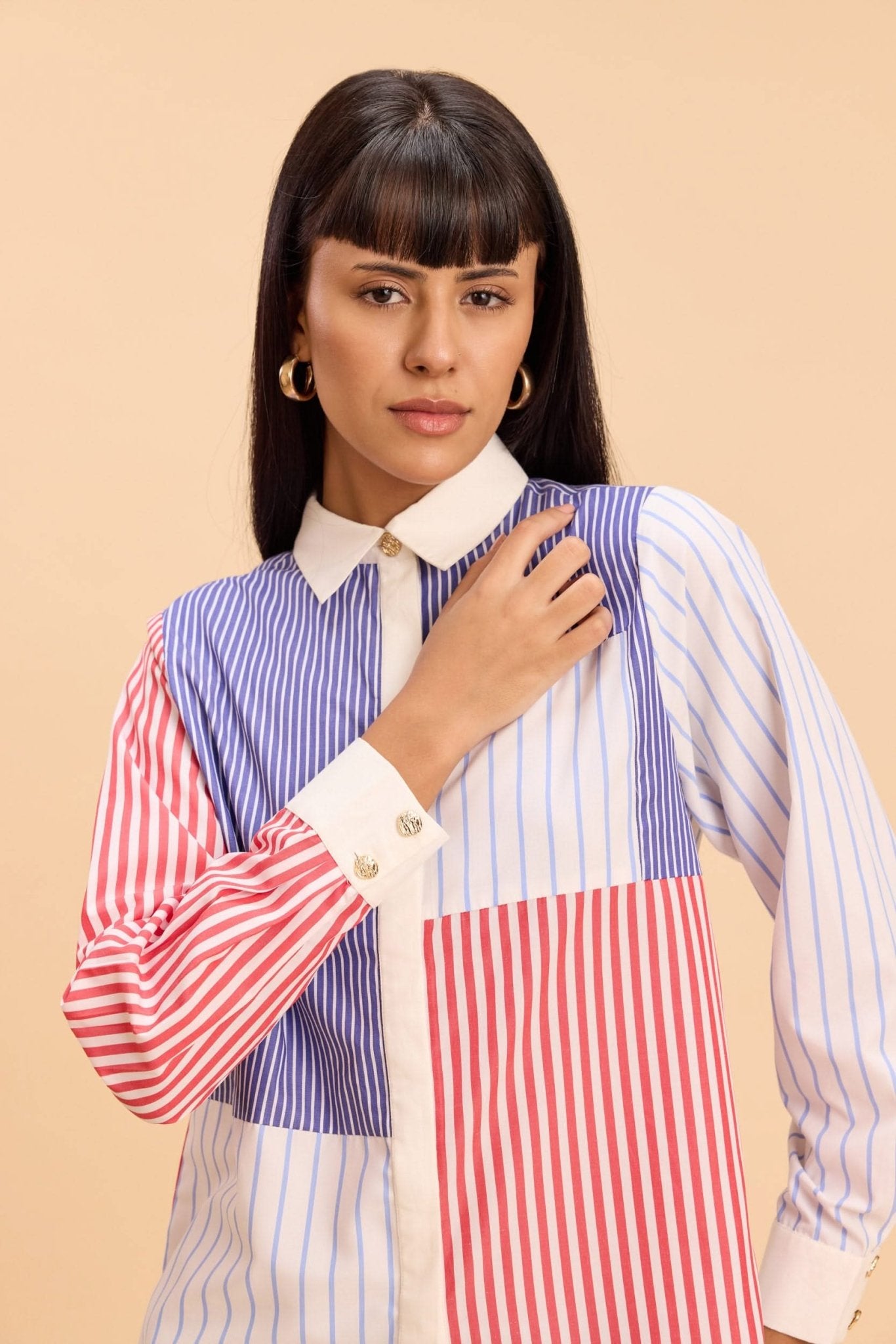 CARLA STRIPE COLOR BLOCK SHIRT WITH JEWEL BUTTONS - Sunday Story