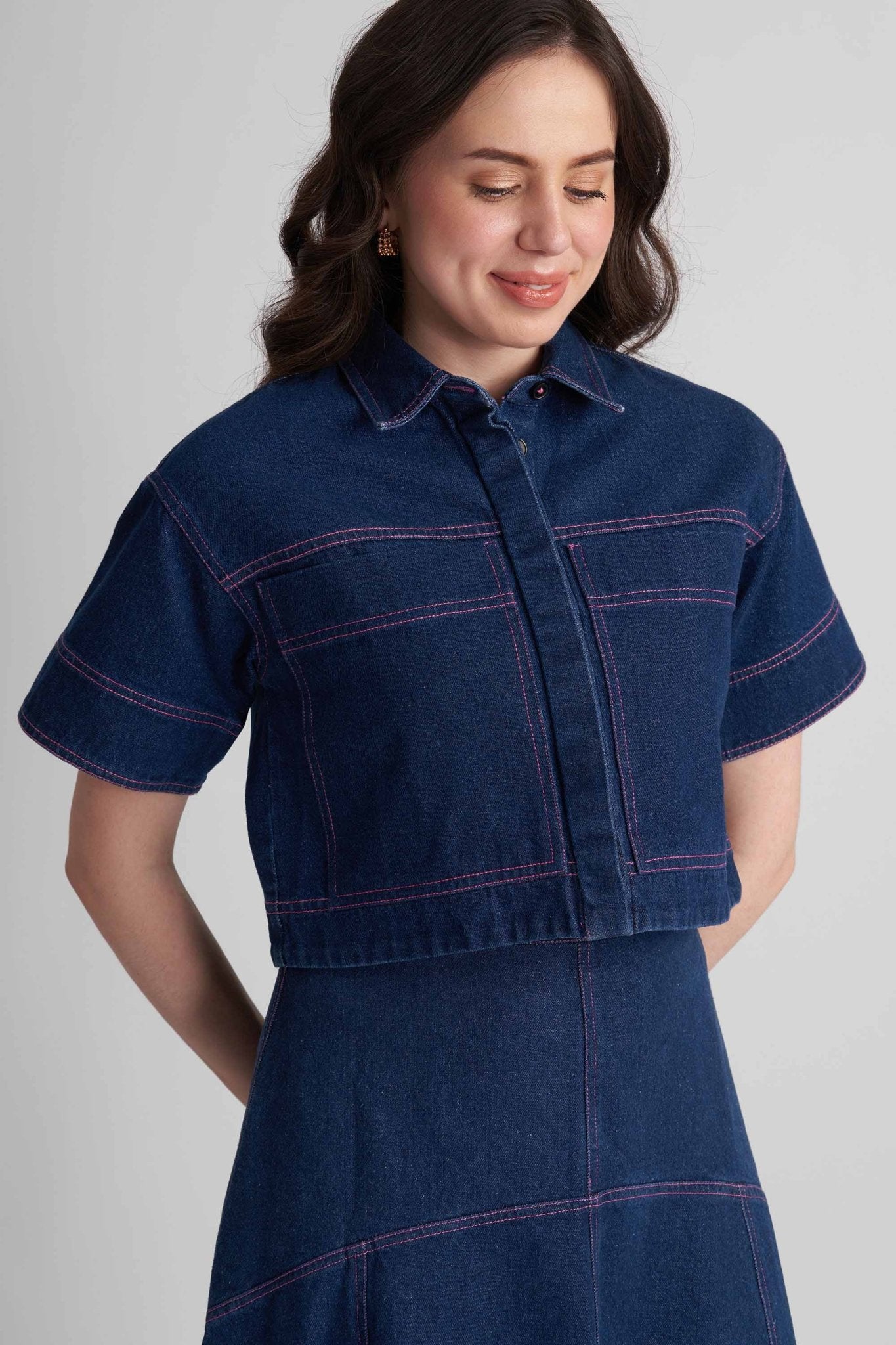 CARNATION DENIM CROPPED SHIRT WITH FRONT PATCH POCKETS - Sunday Story