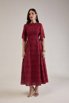 CHERRY COTTON SCHIFFLI FIT AND FLARED MIDI DRESS WITH 3D LACE DETAIL - Sunday Story
