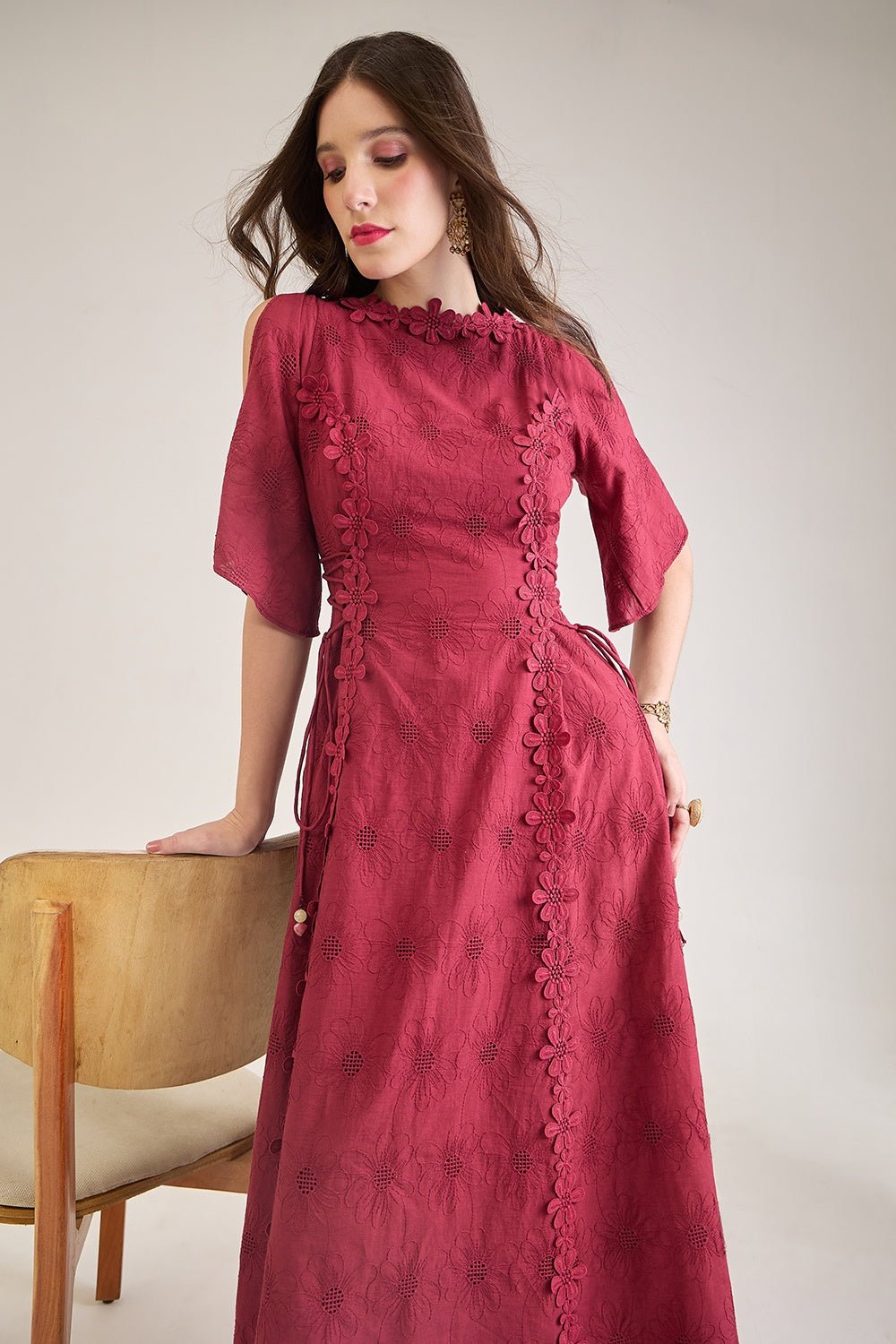 CHERRY COTTON SCHIFFLI FIT AND FLARED MIDI DRESS WITH 3D LACE DETAIL - Sunday Story