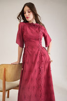 CHERRY COTTON SCHIFFLI FIT AND FLARED MIDI DRESS WITH 3D LACE DETAIL - Sunday Story