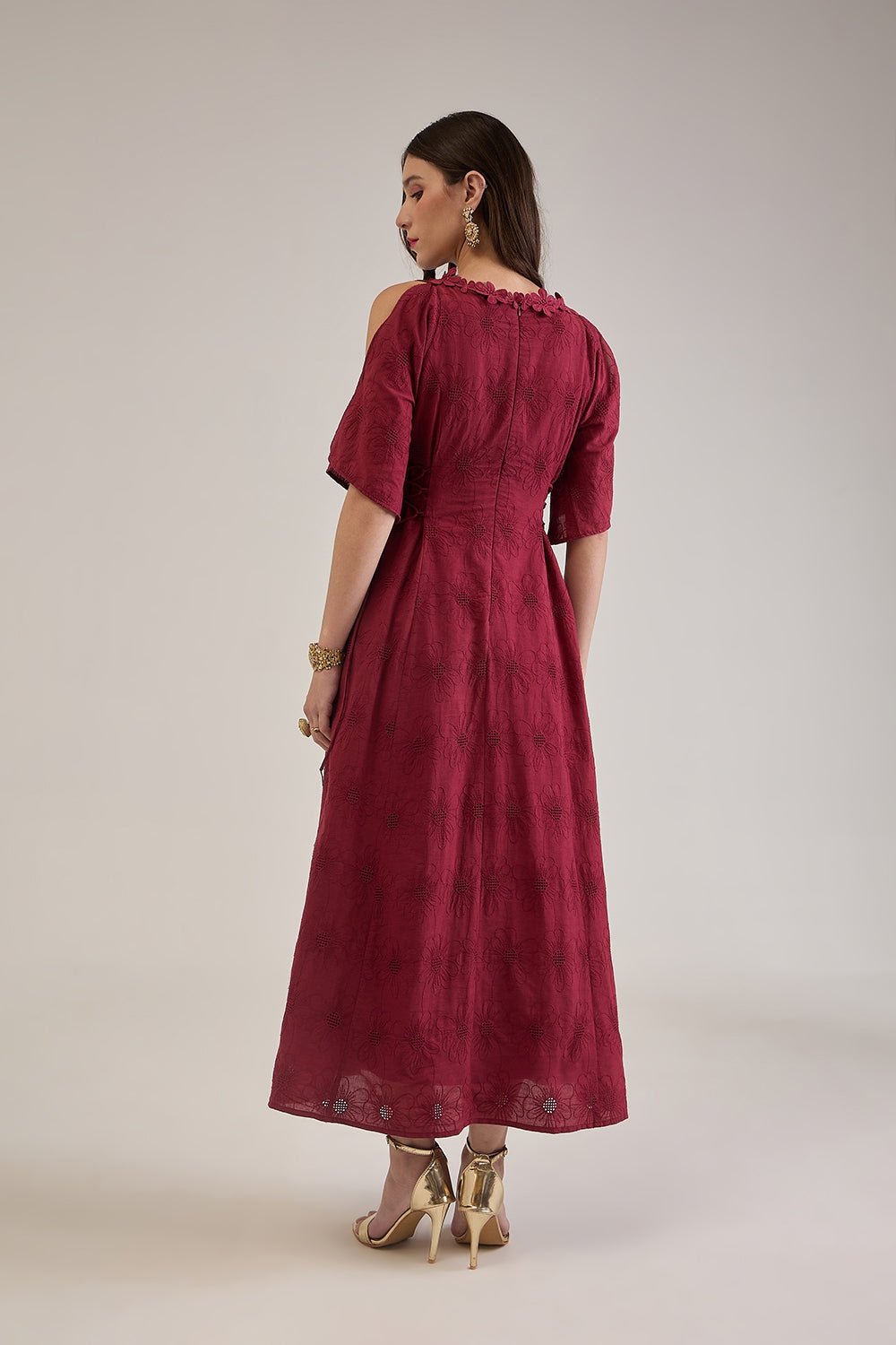 CHERRY COTTON SCHIFFLI FIT AND FLARED MIDI DRESS WITH 3D LACE DETAIL - Sunday Story
