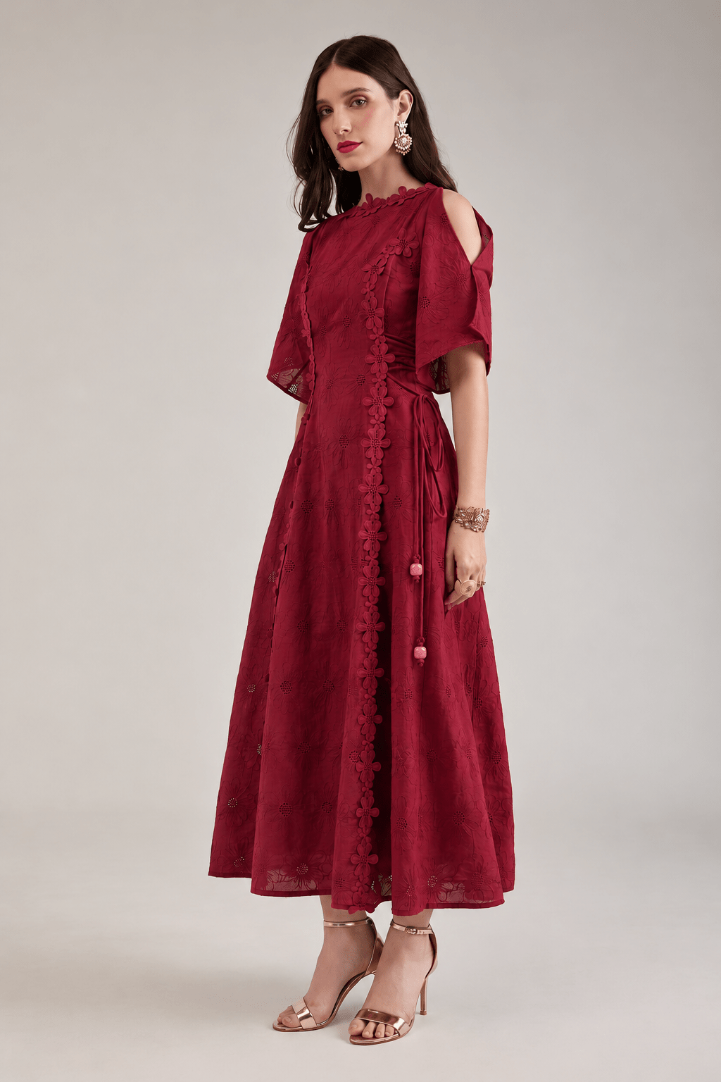 CHERRY COTTON SCHIFFLI FIT AND FLARED MIDI DRESS WITH 3D LACE DETAIL - Sunday Story