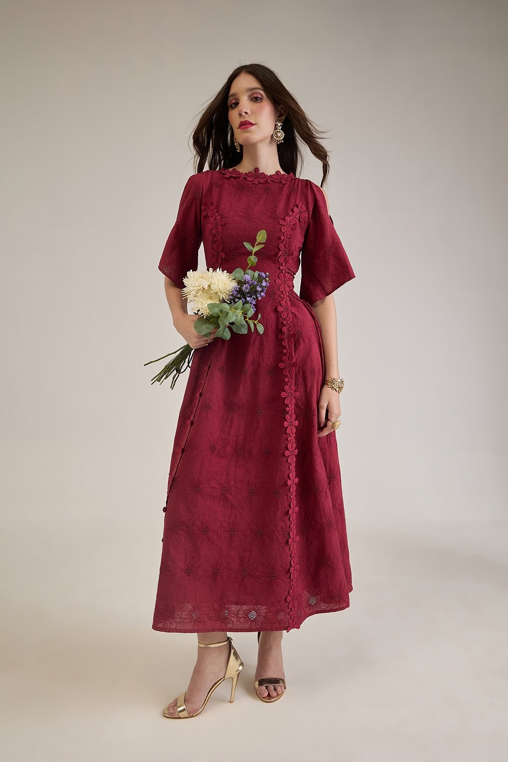 CHERRY COTTON SCHIFFLI FIT AND FLARED MIDI DRESS WITH 3D LACE DETAIL - Sunday Story
