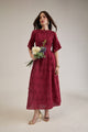 CHERRY COTTON SCHIFFLI FIT AND FLARED MIDI DRESS WITH 3D LACE DETAIL