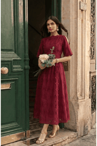 CHERRY COTTON SCHIFFLI FIT AND FLARED MIDI DRESS WITH 3D LACE DETAIL - Sunday Story