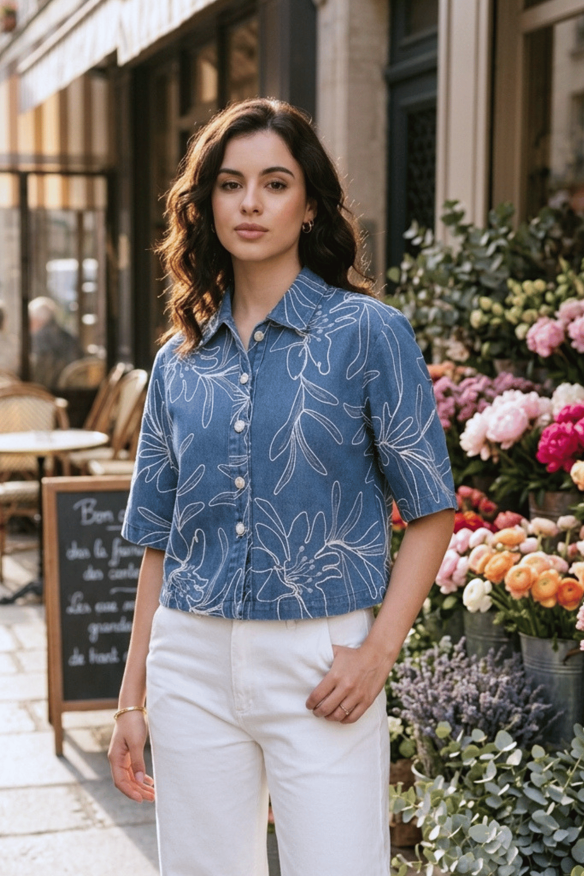 COVE EMBROIDERED DENIM SHACKET WITH JEWEL BUTTONS - Sunday Story