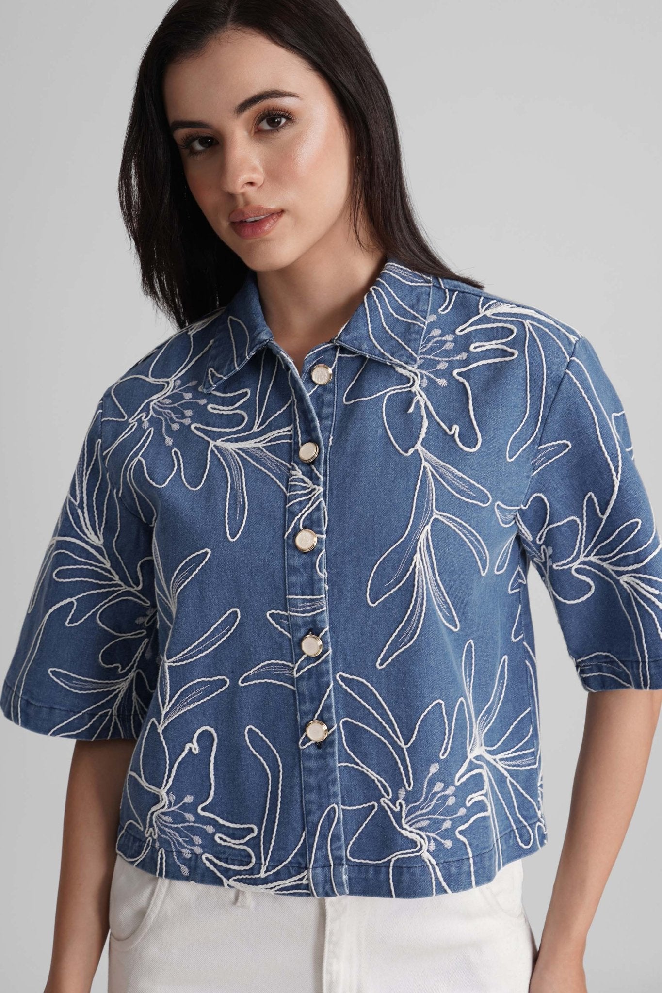 COVE EMBROIDERED DENIM SHACKET WITH JEWEL BUTTONS - Sunday Story