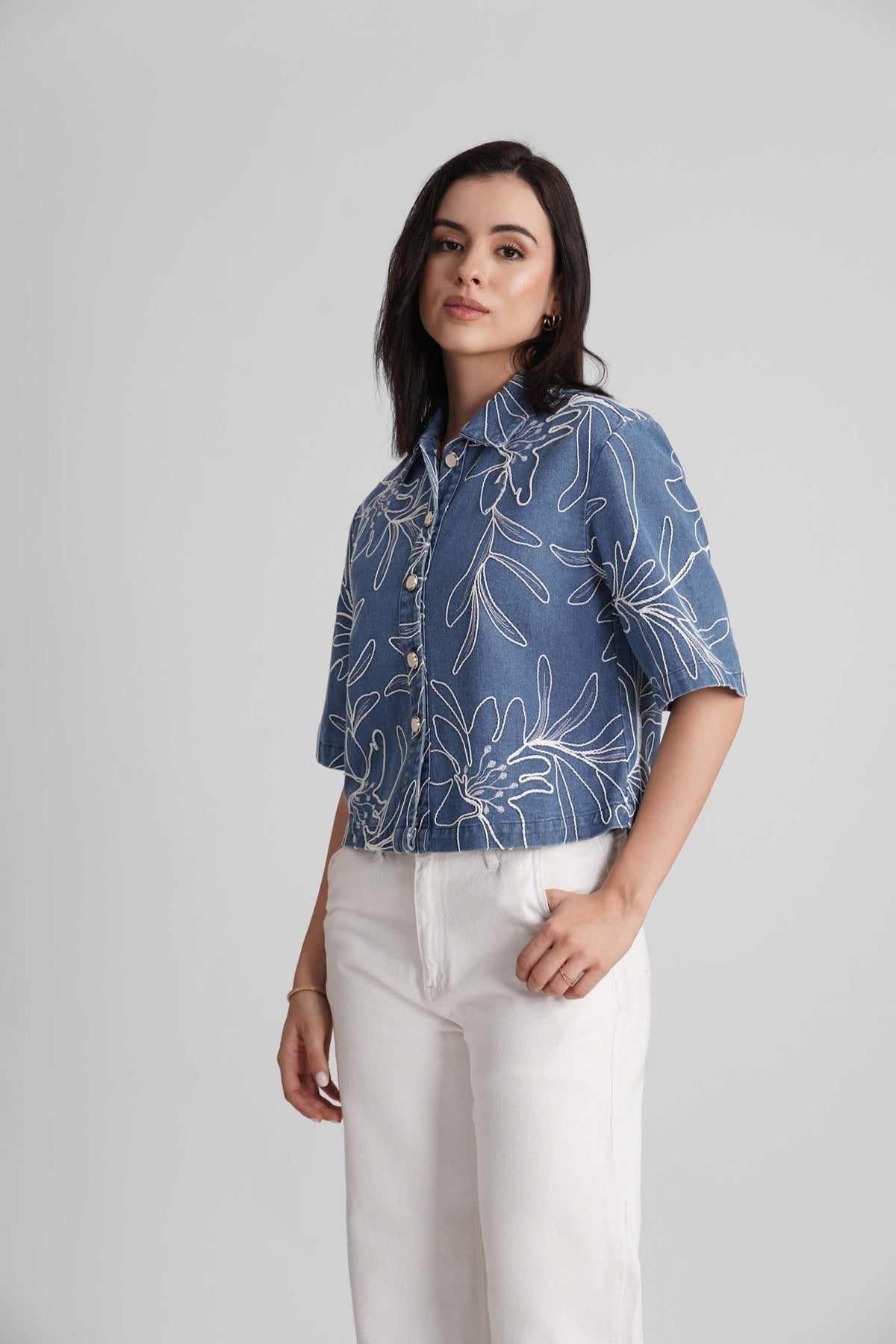 COVE EMBROIDERED DENIM SHACKET WITH JEWEL BUTTONS - Sunday Story