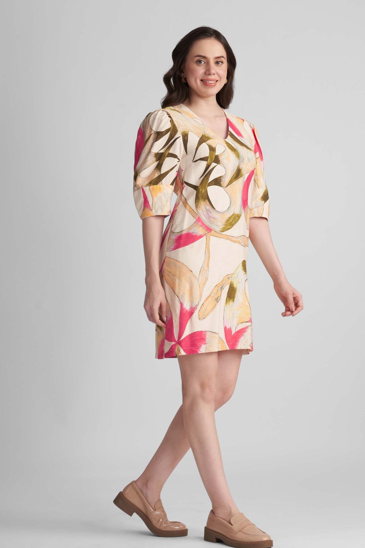 DAISY TWILL VISCOSE A-LINE PRINTED SHORT DRESS WITH LANTERN SLEEVES - Sunday Story
