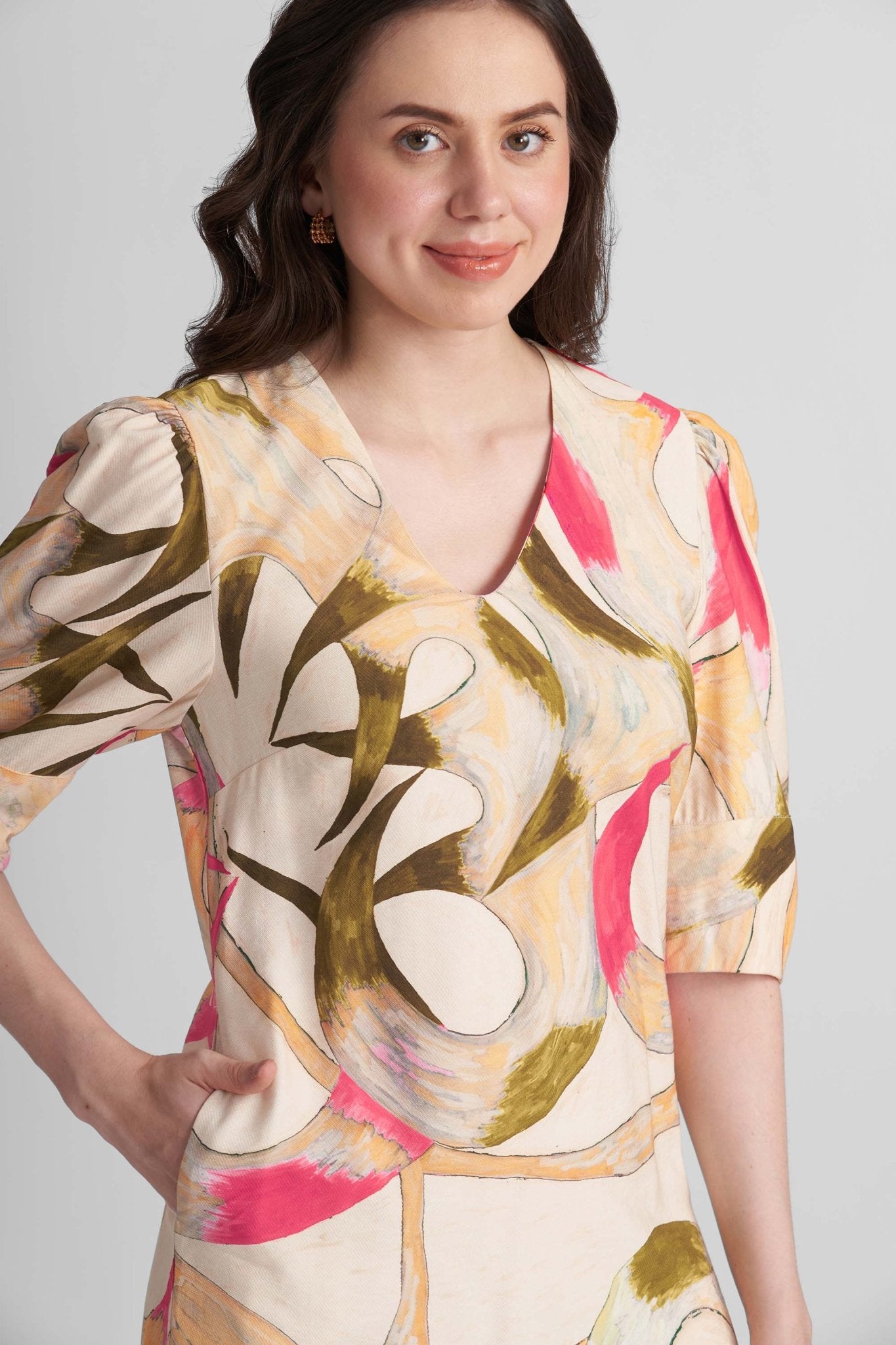 DAISY TWILL VISCOSE A-LINE PRINTED SHORT DRESS WITH LANTERN SLEEVES - Sunday Story