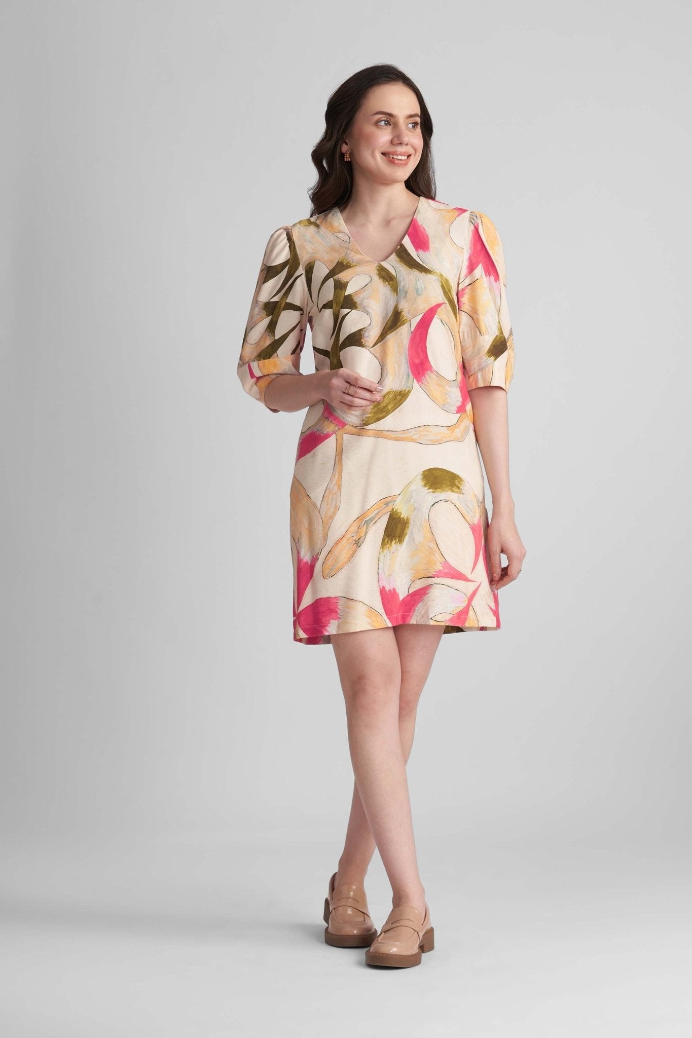 DAISY TWILL VISCOSE A-LINE PRINTED SHORT DRESS WITH LANTERN SLEEVES - Sunday Story