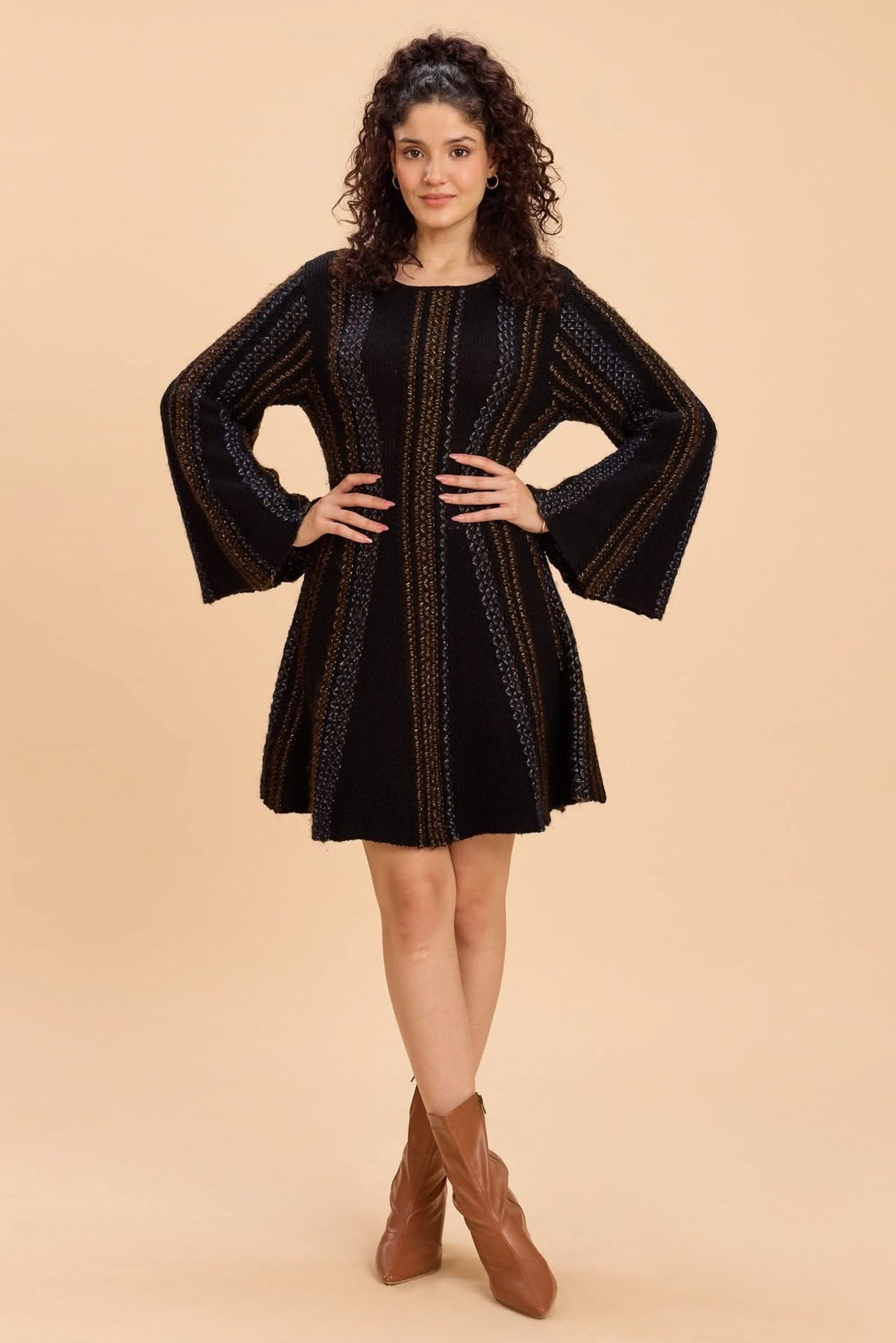 DANNY CINCHED WAIST A-LINE KNIT DRESS WITH BELL SLEEVES - Sunday Story