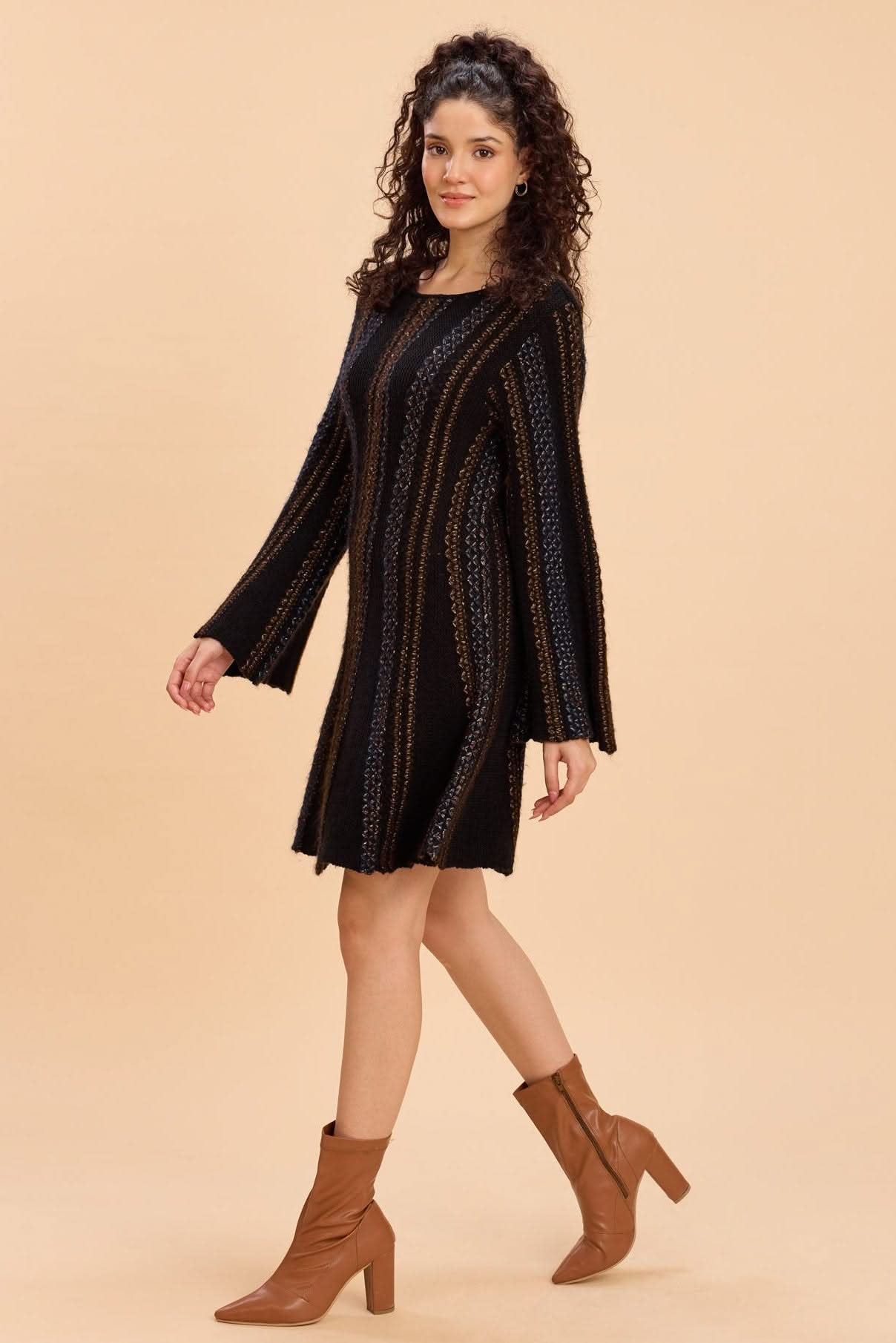DANNY CINCHED WAIST A-LINE KNIT DRESS WITH BELL SLEEVES - Sunday Story