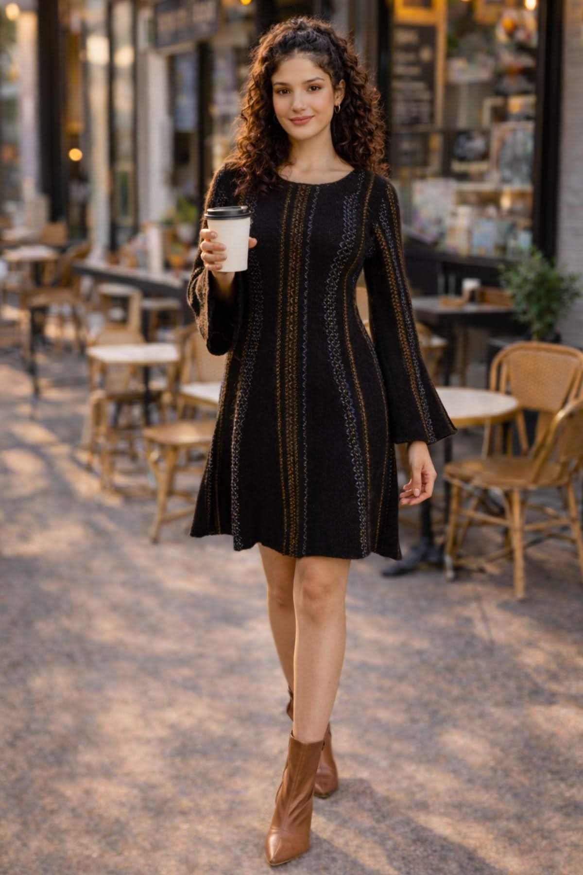 DANNY CINCHED WAIST A-LINE KNIT DRESS WITH BELL SLEEVES - Sunday Story