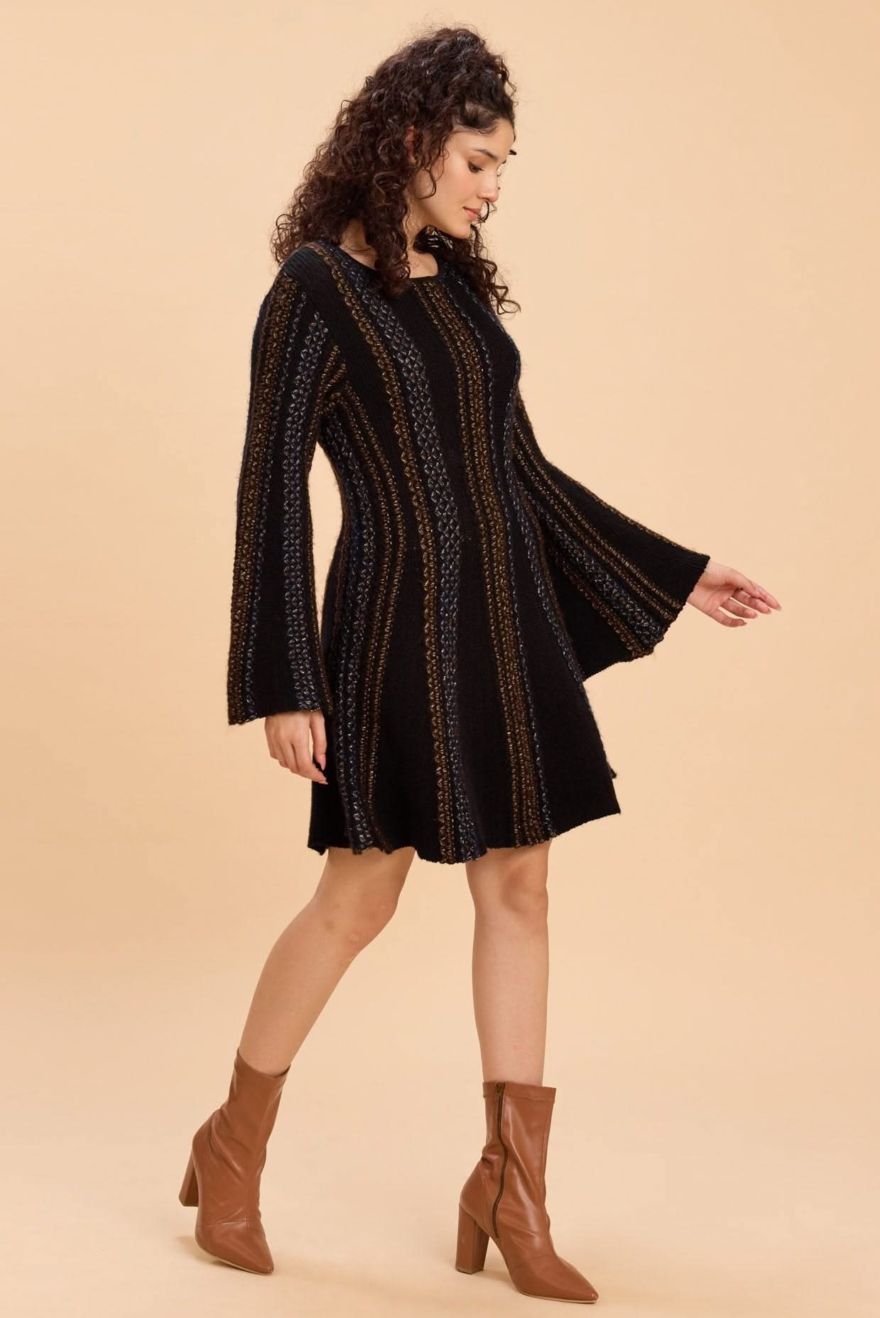 DANNY CINCHED WAIST A-LINE KNIT DRESS WITH BELL SLEEVES - Sunday Story