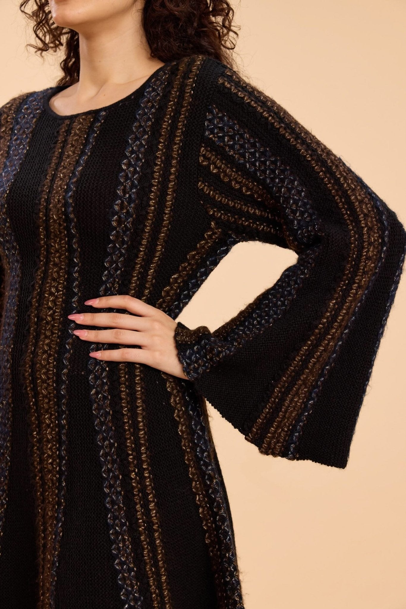DANNY CINCHED WAIST A-LINE KNIT DRESS WITH BELL SLEEVES - Sunday Story