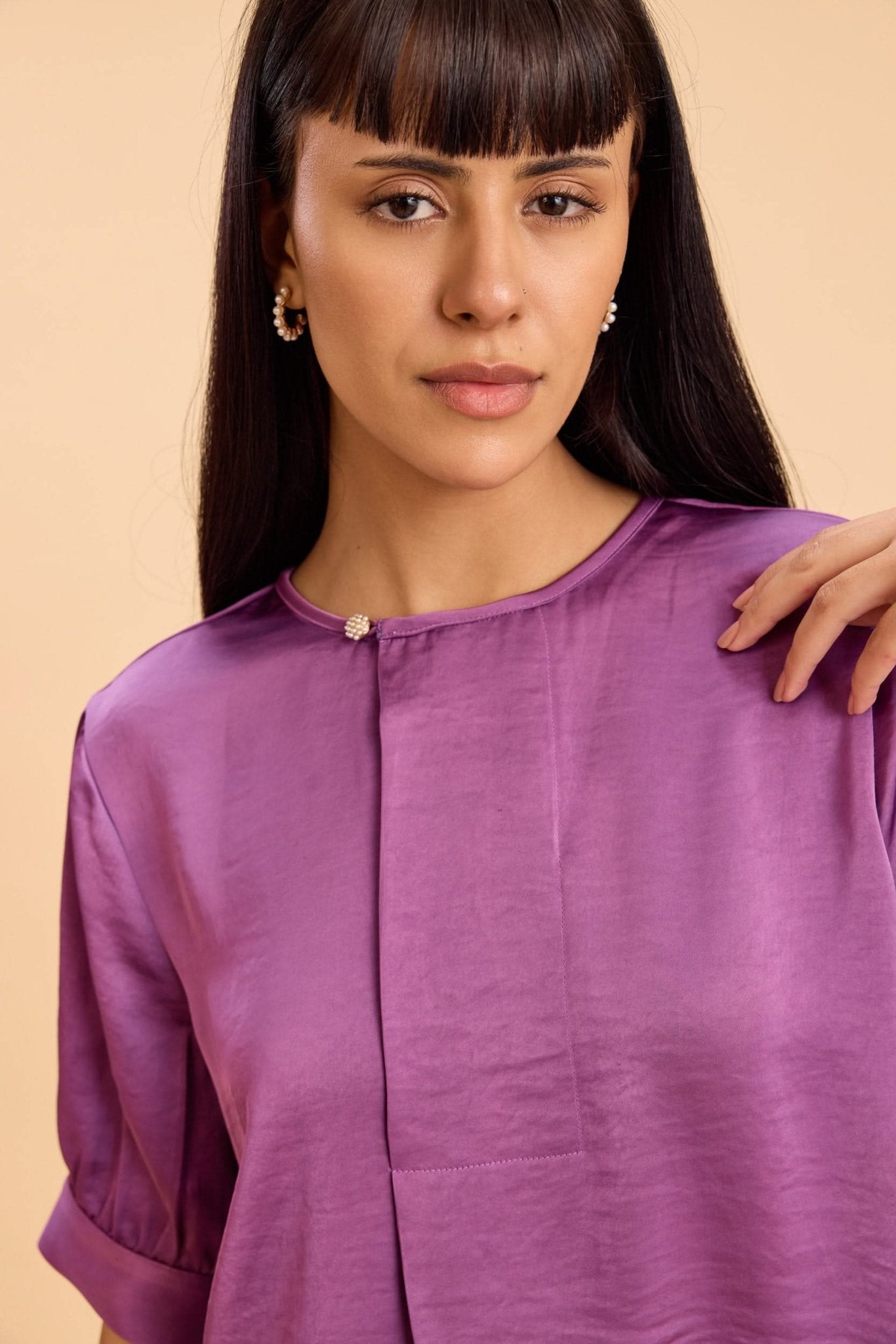 DARLENE LUXE SATIN TOP WITH JEWEL PEARL BUTTONS - Sunday Story