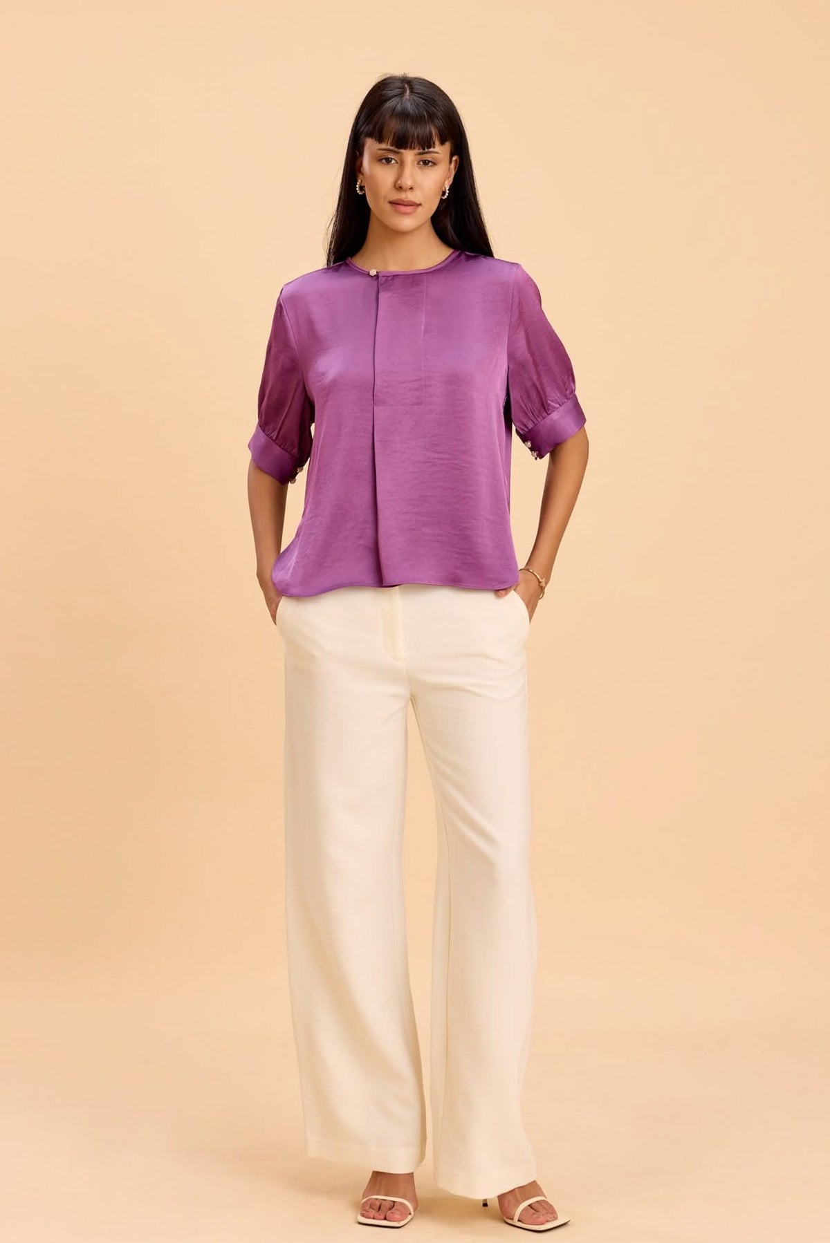 DARLENE LUXE SATIN TOP WITH JEWEL PEARL BUTTONS - Sunday Story