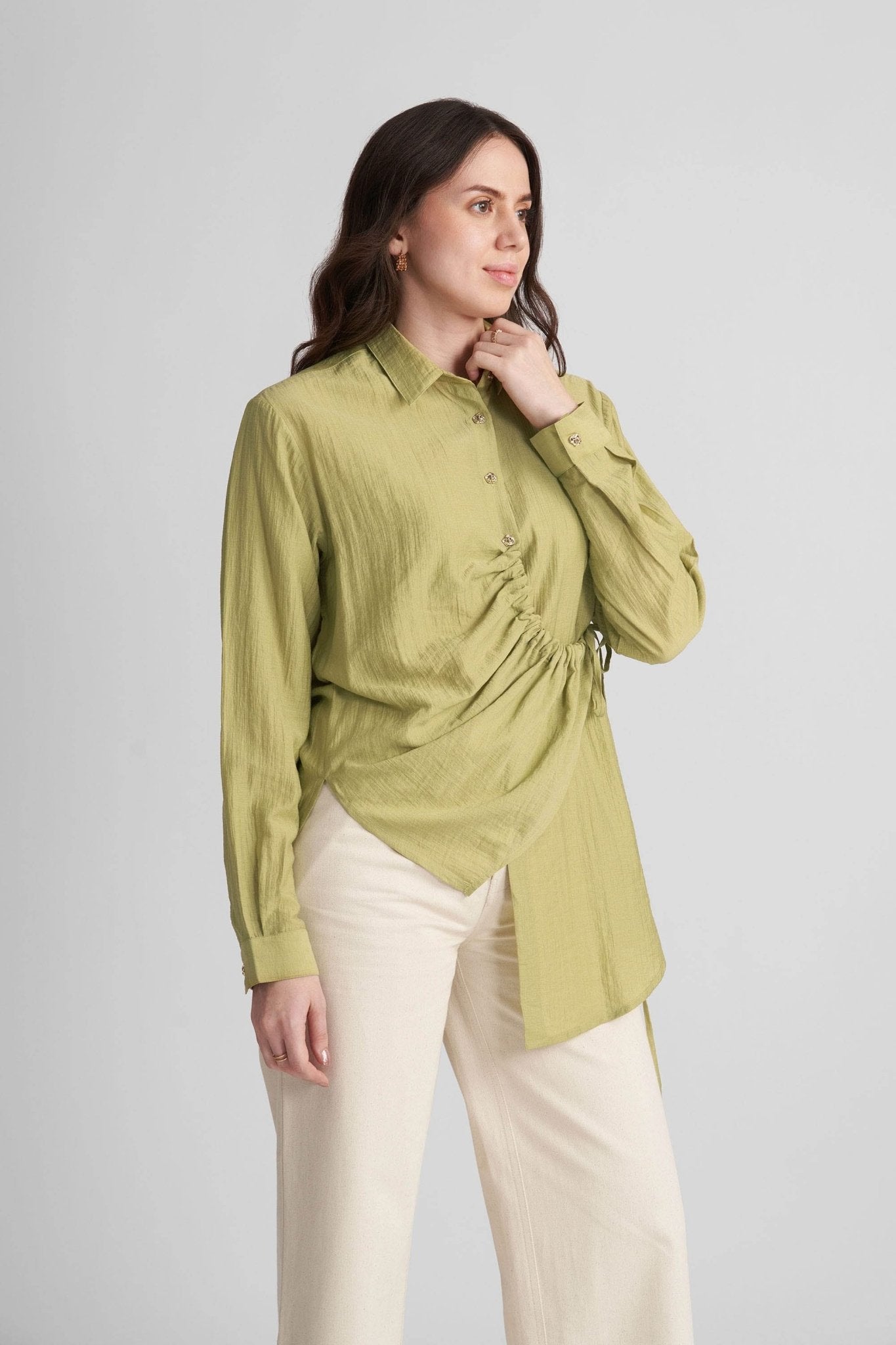 DEMI ASYMMETRICAL GATHERED SHIRT WITH STATEMENT BUTTONS - Sunday Story