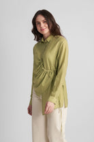 DEMI ASYMMETRICAL GATHERED SHIRT WITH STATEMENT BUTTONS - Sunday Story