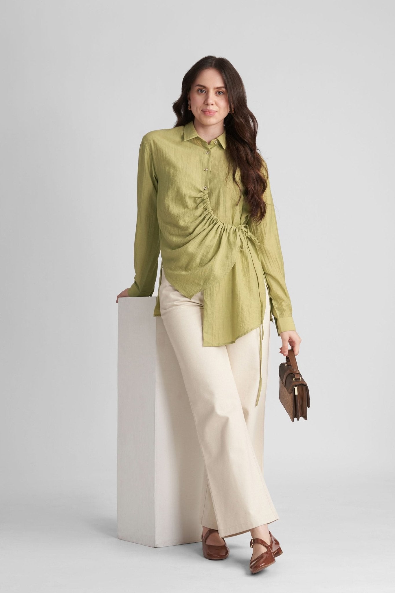 DEMI ASYMMETRICAL GATHERED SHIRT WITH STATEMENT BUTTONS - Sunday Story