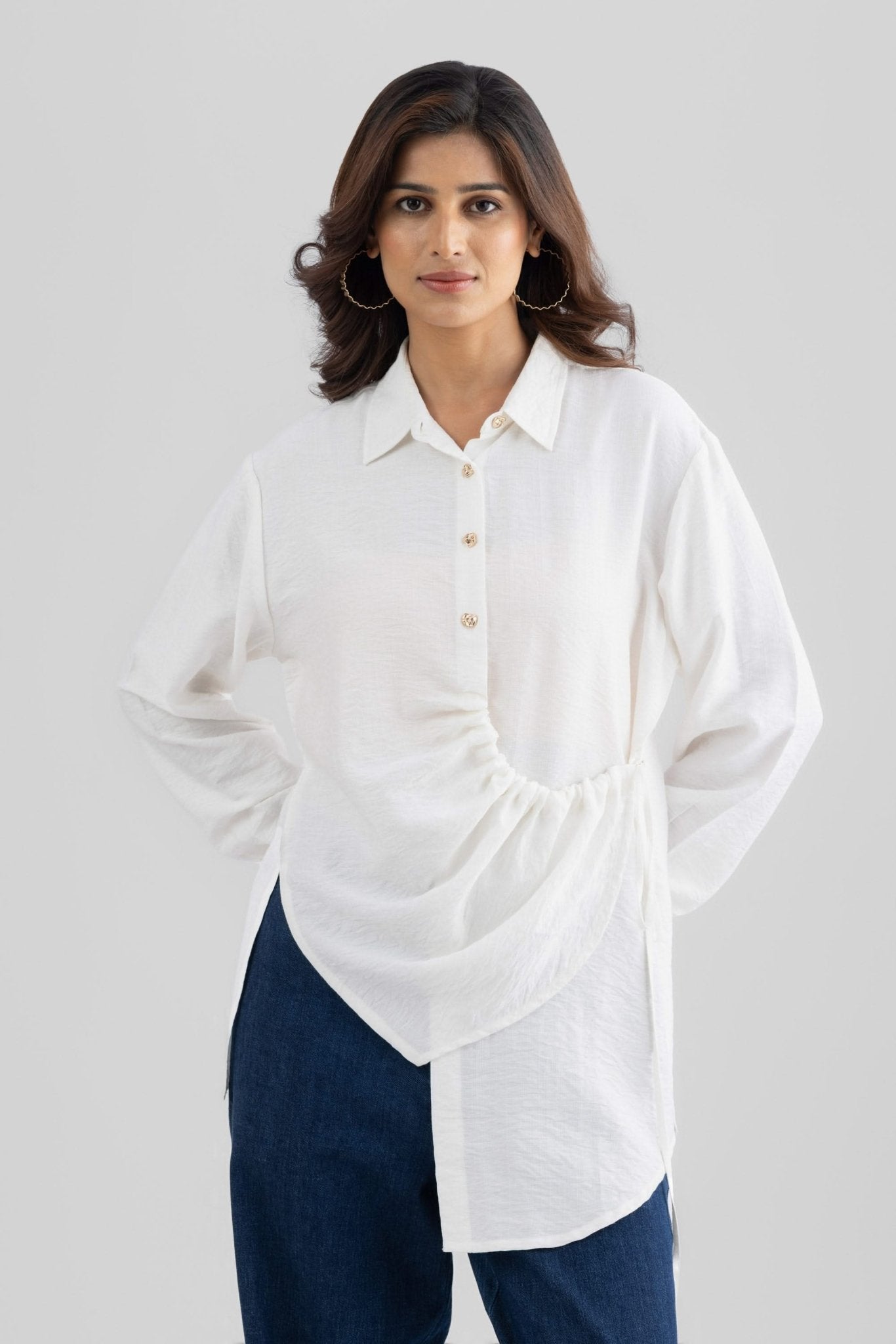DEMI ASYMMETRICAL GATHERED SHIRT WITH STATEMENT BUTTONS - Sunday Story