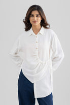 DEMI ASYMMETRICAL GATHERED SHIRT WITH STATEMENT BUTTONS - Sunday Story