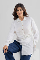 DEMI ASYMMETRICAL GATHERED SHIRT WITH STATEMENT BUTTONS - Sunday Story