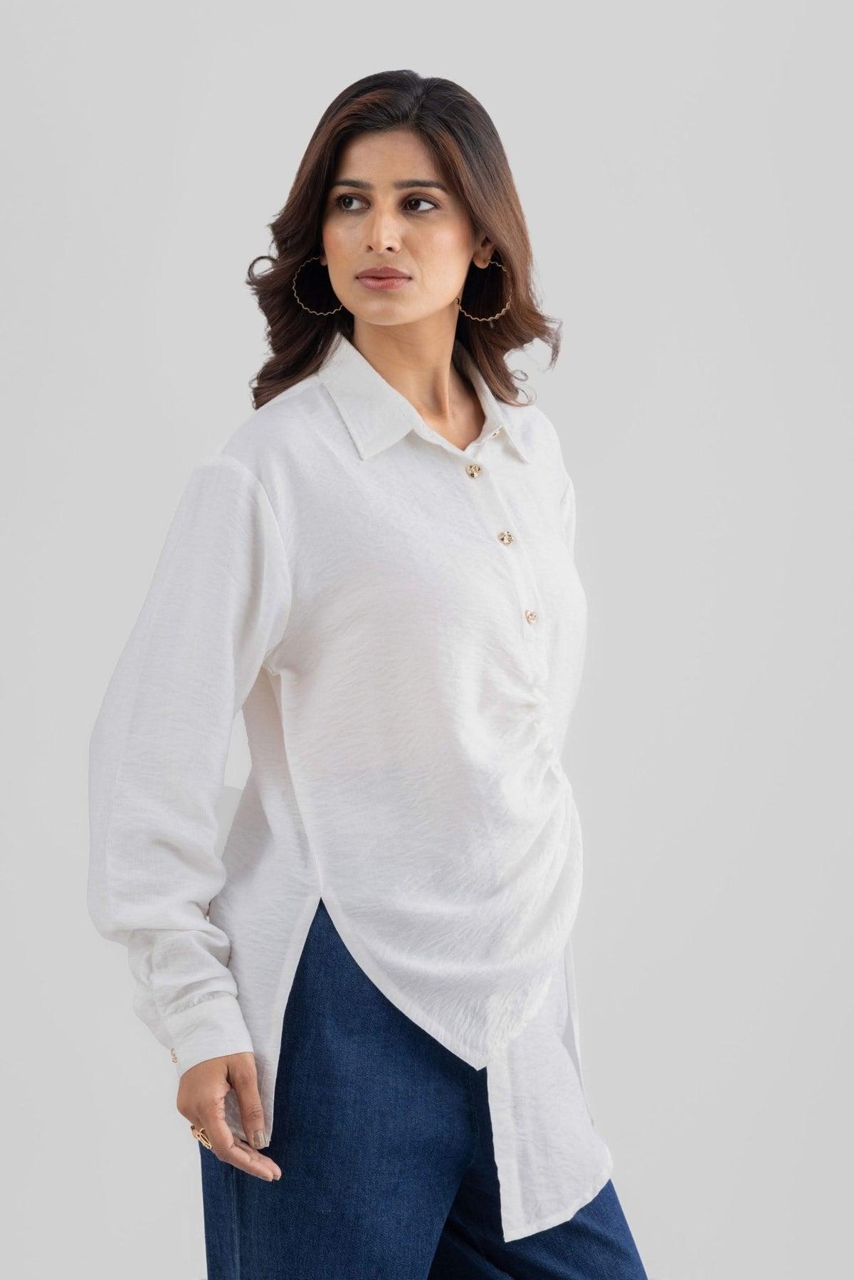 DEMI ASYMMETRICAL GATHERED SHIRT WITH STATEMENT BUTTONS - Sunday Story