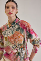 DEMI FLORAL ASYMMETRICAL GATHERED SHIRT WITH JEWEL BUTTONS - Sunday Story