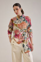 DEMI FLORAL ASYMMETRICAL GATHERED SHIRT WITH JEWEL BUTTONS - Sunday Story