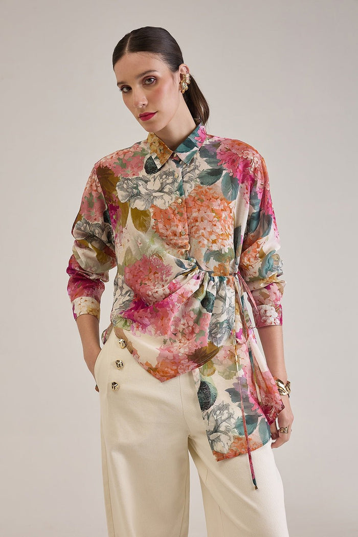 DEMI FLORAL ASYMMETRICAL GATHERED SHIRT WITH JEWEL BUTTONS - Sunday Story