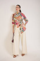 DEMI FLORAL ASYMMETRICAL GATHERED SHIRT WITH JEWEL BUTTONS - Sunday Story