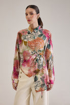 DEMI FLORAL ASYMMETRICAL GATHERED SHIRT WITH JEWEL BUTTONS - Sunday Story