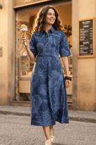 ELENOR FIT AND FLARED PRINTED DENIM A-LINE MAXI DRESS - Sunday Story
