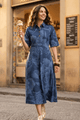 ELENOR FIT AND FLARED PRINTED DENIM A-LINE MAXI DRESS