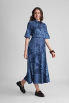 ELENOR FIT AND FLARED PRINTED DENIM A-LINE MAXI DRESS - Sunday Story