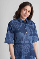 ELENOR FIT AND FLARED PRINTED DENIM A-LINE MAXI DRESS - Sunday Story