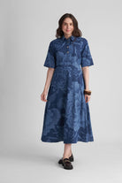 ELENOR FIT AND FLARED PRINTED DENIM A-LINE MAXI DRESS - Sunday Story