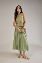 ELENOR SAGE GREEN FLORAL BROCADE SIDE-TIE BIB - Sunday Story