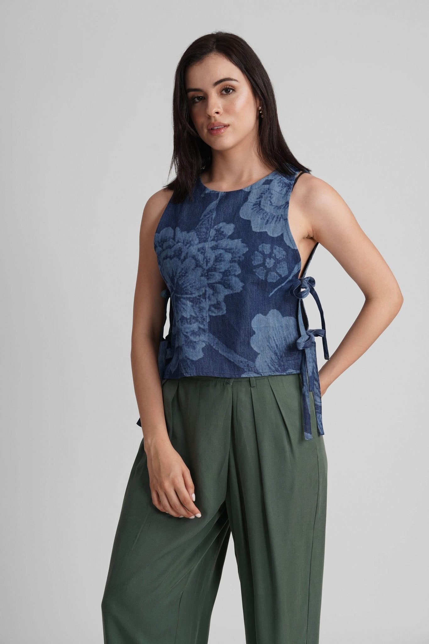 ELENOR SLEEVELESS DENIM BIB WITH SIDE TIE UPS - Sunday Story
