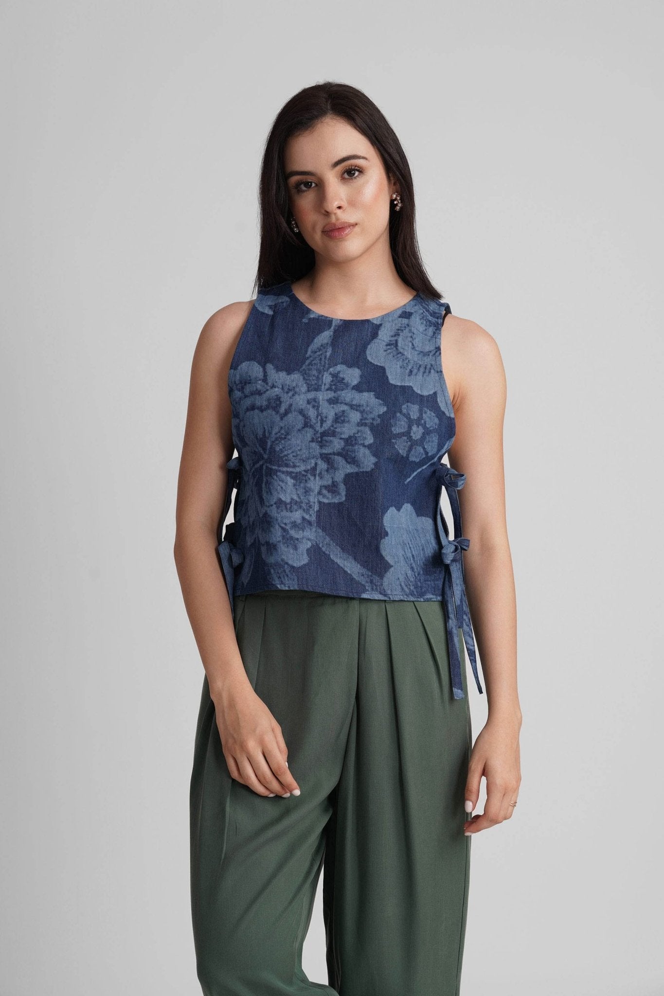 ELENOR SLEEVELESS DENIM BIB WITH SIDE TIE UPS - Sunday Story