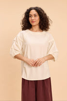 ELIZA FABRIC-MIX PUFF SLEEVED OVERSIZED T-SHIRT - Sunday Story
